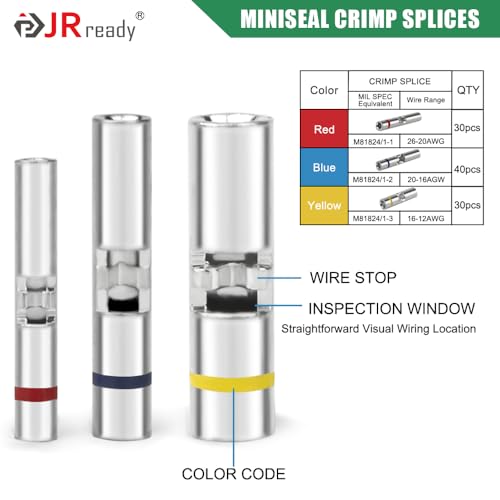 JRready ST6387 M81824/1 Series MiniSeal Crimp Splices 100Pcs Bare Butt Splice Connectors Seamless Copper Crimp Splices 12# (Yellow), 16# (Blue), 20# (Red), MiniSeal for Secure Wiring