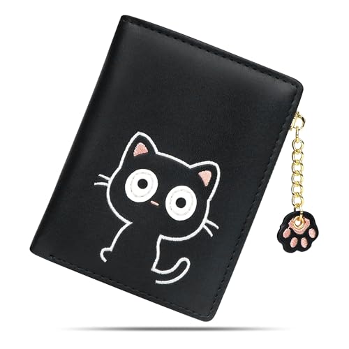 CONISY Small Wallet for Women, Leather Bifold RFID Blocking Compact Cute Wallet with Zipper Coin Purse, Gift Ideas for Teen Girls Ladies (Cat Black)
