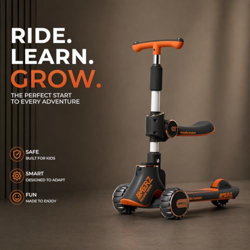 Image of 3-in-1 Convertible Foldable Kids Skating Style Cycle Kick Scooter for 3-14 Years Old Kids with 5-Level Height Adjustable Handle | LED PU Flashing Wheels | Max Capacity 75 Kg.(Black)