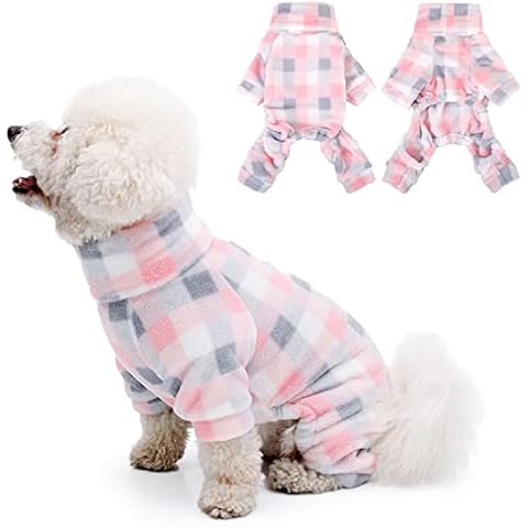 OUOBOB Dog Pajamas for Small Dogs, Pet Clothes Jumpsuit 4 Legs Dog Bosysuit Stretchy Puppy Onesies Breathable & Soft Dog Pjs Warm Apparel Classic Plaid Doggie Shirts Puppy Rompers Sleepwear Cover