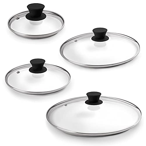 Glass Lids Set with Steam Vent Hole - 6+8+10"+12-Inch / 15.24cm+20.32cm+25.4cm+30.48cm - Compatible with Lodge Cast Iron Skillet Pans - Oven Safe Fully Assembled Tempered Universal Replacement Cover
