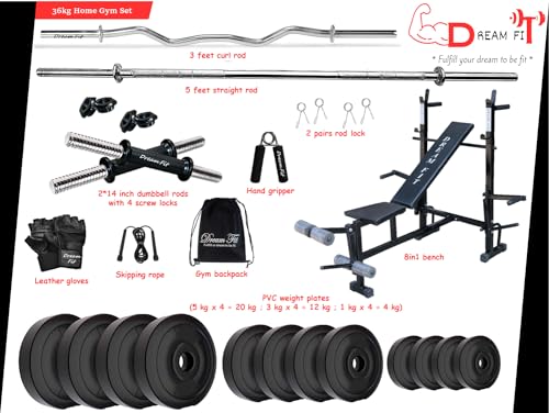 Image of DREAM FIT PVC Home Gym Set - 36 Kg with 8in1 Gym Bench, 3 ft Curling Rod, 5 ft Straight Rod, 1 Pair Dumbbell rods and Gym Accessories (36kg)