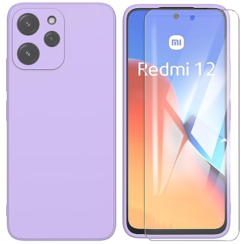 ARRYNN Funda Xiaomi Redmi 12 4G (6.79') con Cristal Templado Protector de Pantalla,Rosadp Ultra Slim Protectora Funda de Silicona Líquida Suave Case Cover para Xiaomi Redmi 12 4G - Púrpura