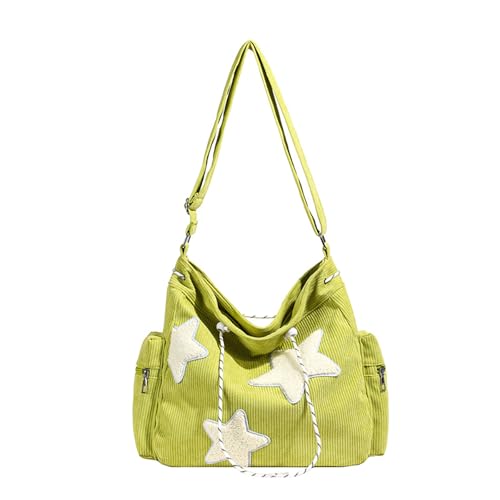 Image of Y2K Star Hobo Bag for Women - Corduroy Drawstring Crossbody Bag, Aesthetic Travel Shoulder Tote (Green)