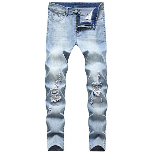 LONGBIDA Men s Ripped Slim Fit Skinny Destroyed Distressed Tapered Leg Jeans（Blue - White,32）