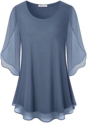SeSe Code Boat Neck Tops for Women Casual Fall 3/4 Sleeve Shirts Formal Chiffon Blouse Work Professional Flowy Tops Dressy Tunic for Leggings Office Wear Blue Grey L
