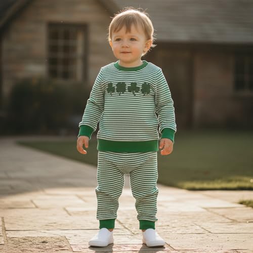 Image of Toddler Baby Boy St Patricks Day Outfit Infant Lucky Clover Sweatshirt Pants Set Little Kids Spring Warm Clothes