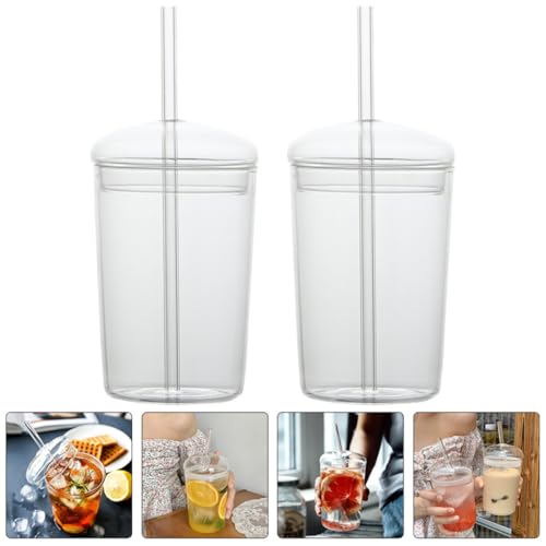 Tazas de vidrio con pajita en juego de 2 piezas de gran capacidad para casa 7