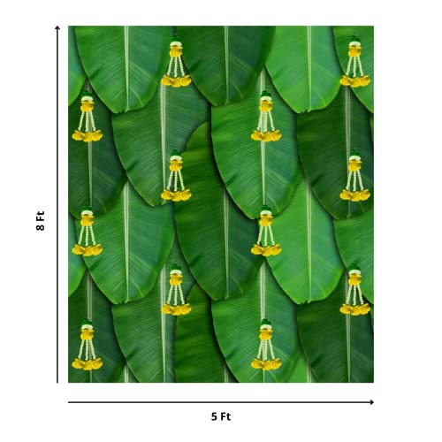 Image of Sri Yagnaa - Backdrop Cloth for Pooja Decoration Traditional - M 12 - Background Curtain Cloth for Festival Decoration (5x8 Ft) (Banana Leaf with Yellow Flowers Backdrop)