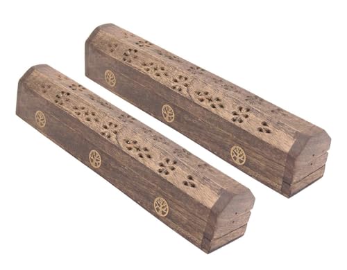 DharmaObjects 2 Pack Wooden Coffin Incense Burner with Buddha Brass Inlays and Storage Compartment - 12X2X2 Inches (Tree of Life)