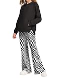 AMAWMW Girls Clothes Fashion Outfits Long Sleeve Hoodie Sweatshirt and Plaid Flare Pants Sets Sweatsuits, Black, 13-14Years