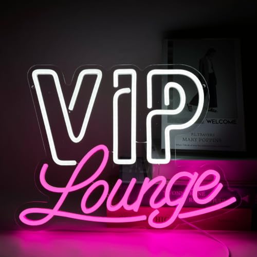 Image of VIP Lounge Neon Signs for Wall Decor, LED Neon Lounge Sign for Room, Pink White Letters Neon Signs USB Powered Neon Wall Signs for Bar, Hotel, Cafe, VIP Room, Man Cave, Club, Beauty Salon