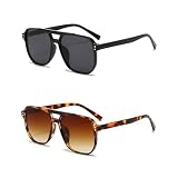 boqopod 2 Pack Retro Aviator Sunglasses for Men Women Vintage Trendy Square Double-Deck Frame UV400 Glasses SG2283 (Black & Leopard)