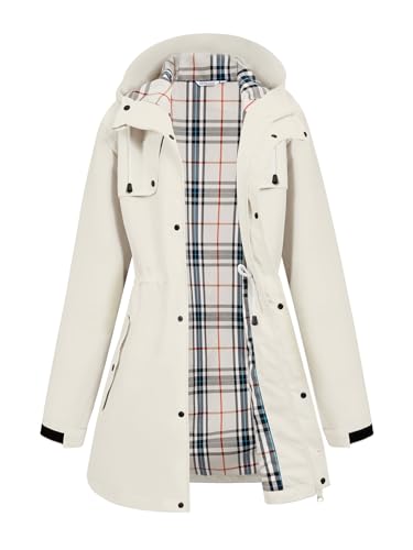 PITINAN Raincoat For Women Long Womens Rain Coat Waterproof Lined Womens Rain Jacket With Hood S-XXL, Off-white, Small