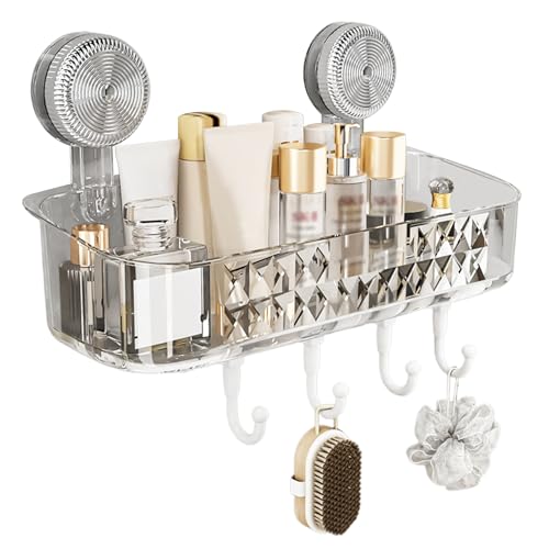QINGZY Estanteria Ducha, Sin Taladro, Estanteria Ducha Montaje en Pared, Estantería Baño Ventosas, Organizador de Baño Separable con Ganchos para jabón, champú, Max 5KG Soporta (Blanco)