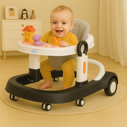 Image of Little Olive Baby Walker for Kids | Adjustable Height Baby Walking Support with Interactive Activity Toy Tray, Comfortable Padded Seat & Smooth Multi-Directional Wheels | Walker for Baby Boys & Girls - Black