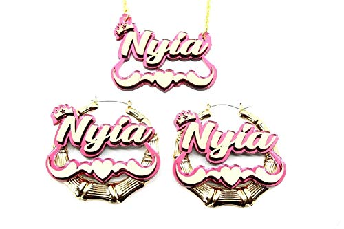 Name Necklace Plate Personalized Custom Nameplate and 2.5" Bamboo Gold Earrings With Swirls Heart and Crown on Top Jewelry Set Color Choice Laser Cut Gold Script Cursive Letters, Quality Gold Chain3