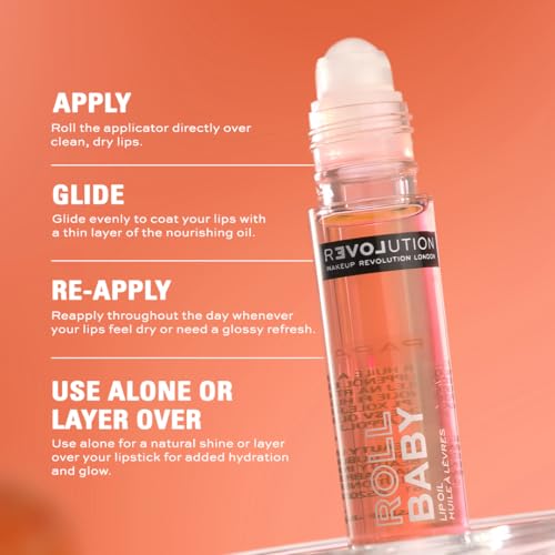 Image of Makeup Revolution Relove Roll Baby Lip Oil- Papaya | Deeply Hydrating Lip Oil for Dry, Cracked Lips | Lightweight, Non-Sticky, Glossy Lip Care with Nourishing Goji Extract- 8ml (Pack of 2)