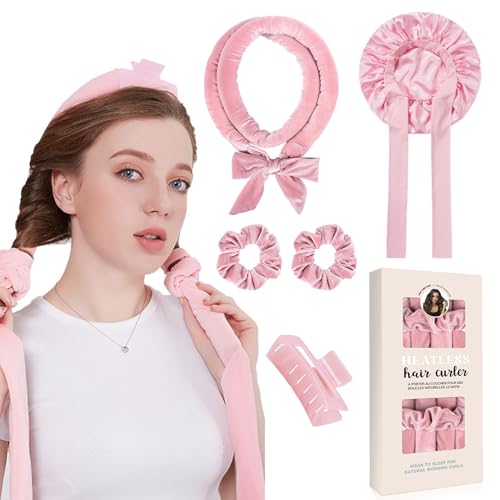Rizos sin calor, Rulos de Terciopelo para la Noche con Gorro de Dormir, set de Peinado DIY con Banda Rizadora, Rulos de Noche, Banda Rizadora sin Calor para Cabello Largo y Mediano - Rosa