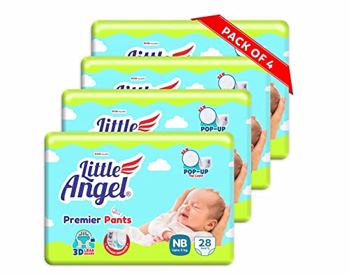 Image of Little Angel Premier Pants Baby Diapers, New Born (NB) Size, 112 Count, Wetness Indicator, up to 5 Kg (28 Count, Pack of 4)