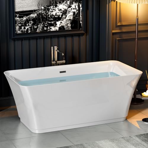 Empava 59" Freestanding Bathtub, Acrylic Deep Soaking Tub, Modern Stand Alone Tub with Anti-Slip Surface, Adjustable Feet & Drain Overflow Included, White, cUPC Certified