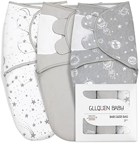 GLLQUEN BABY Organic Newborn Swaddles Sleep Sack, Gray Starry Sky & Astronaut, Swaddle Blankets for Baby Boy, 3 Pack Adjustable Wrap Set, 0-3 Months (Small/Medium)