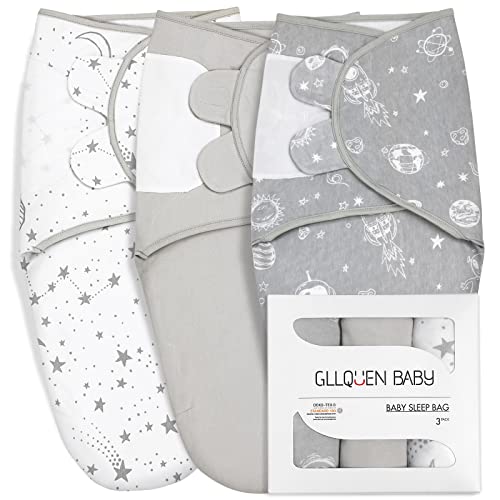 Image of GLLQUEN BABY Organic Newborn Swaddles Sleep Sack, Gray Starry Sky & Astronaut, Swaddle Blankets for Baby Boy, 3 Pack Adjustable Wrap Set, 0-3 Months (Small/Medium)
