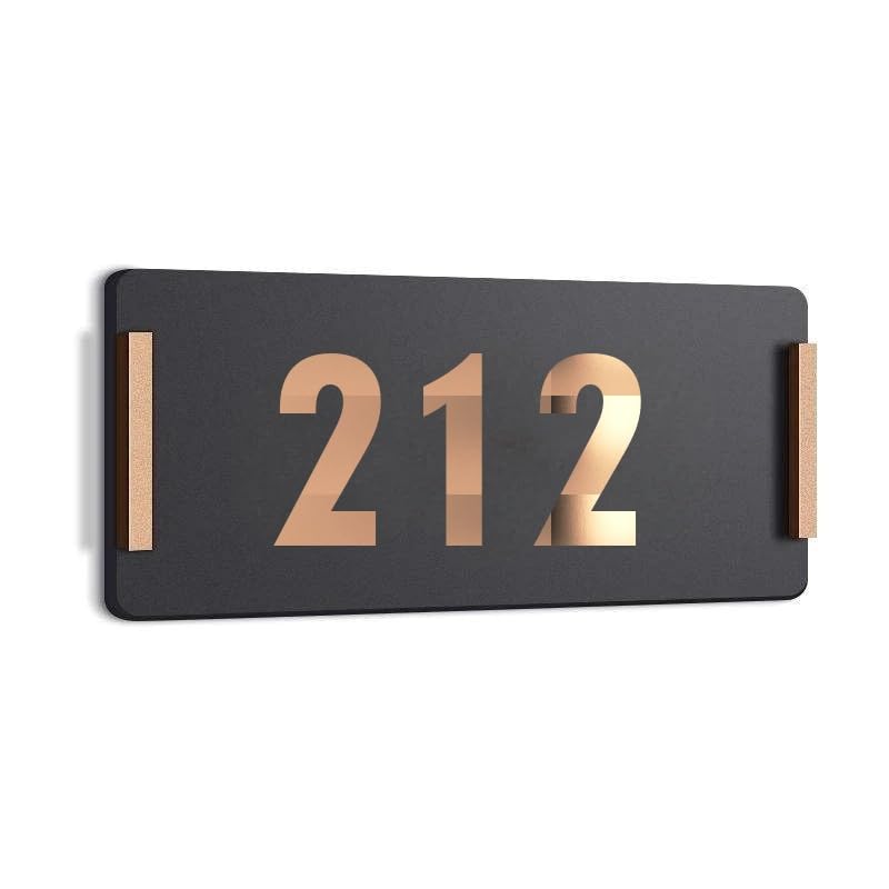 Image of HOTEL ROOM NUMBER PLATES - 212| Black acrylic board fixed mirror gold number | Easy installation type double sided tape fixed on backside
