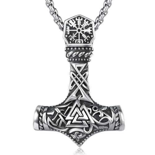 Viking Thor Hammer Necklace 925 Sterling Silver Norse Mjolnir Thor Hammer Pendant Amulet Necklaces Jewelry for Men Women With 316L Stainless Steel Chain and Gifts Box