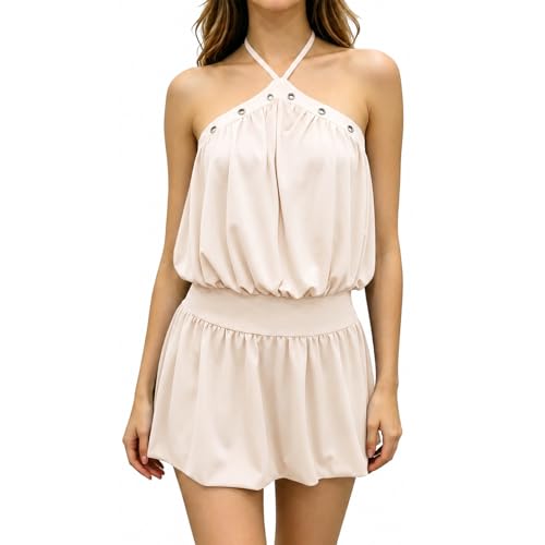 Nlacehan Womens Halter Mini Dress Bubble Ruffle Sleeveless Backless Drop Waist Metal Eyelet Cute Summer Wedding Guest Dress (Ivory S)