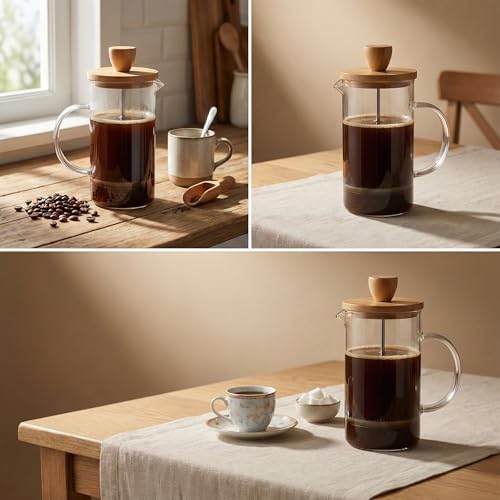 Deconox Bambu Kapaklı French Press 350 ml – Borosilikat Cam Bitki Çayı ve Filtre Kahve Demleme Ekipmanı, Paslanmaz Çelik Filtreli Kişisel Kupa Boy - Görsel 7