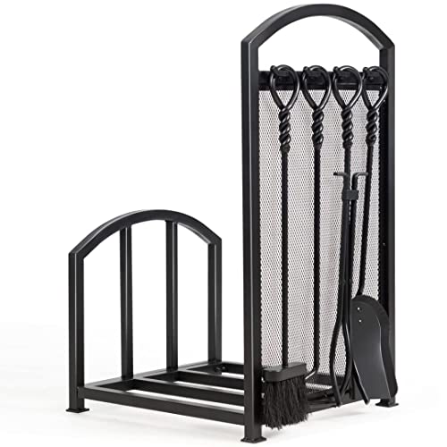 GiantexUK Metal Fireplace Log Rack, Heavy Duty Fireplace Log Holder with Tong, Brush, Shovel and Poker, Indoor Outdoor Fireside Wood Storage Kit with 4 Fireplace Tools Set