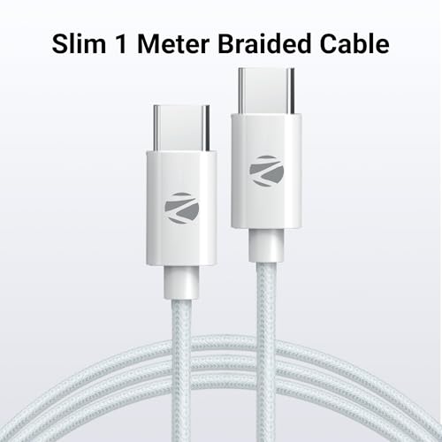 Image of ZEBRONICS Type C to Type C Strong Braided Cable, 60W PD Fast Charging, for iPhone 16 Series, 15 Series, iPad, MacBook, Samsung, Other Android Devices, Data Sync, 1 Meter (ZEB-TT60+) White
