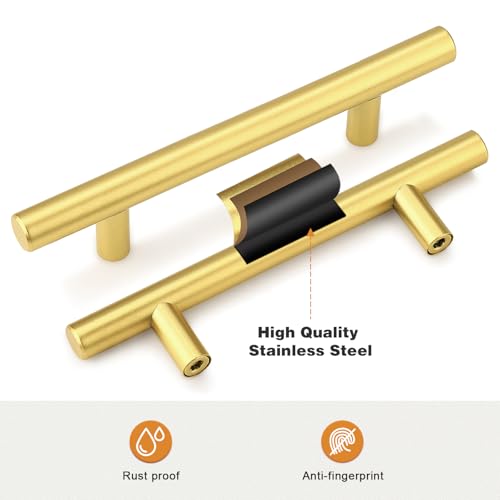 Image of Probrico 10 Pack 4 Inch Center-to-Center Kitchen Cabinet Pulls T Bar Gold Cabinet Handles Modern Drawer Hardware Dresser Pulls, 6-4 /5 Inch Total Length