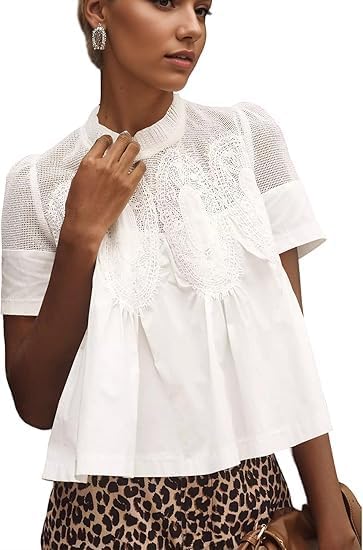 MISSACTIVER Women Lace Trim Short Sleeve Blouse Swing Crew Neck Ruffle Hem Mesh Shirts Summer Loose Poplin Babydoll Tops