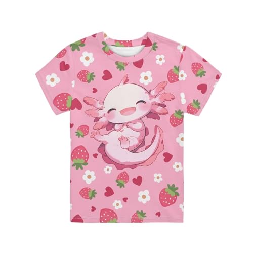 Xhuibop Kawaii Axolotl Shirts for Girls Pink Strawberry Print Summer T-Shirt Cute Clothes for Teen Girls 5-6 Comfy Outdoor Activewear & Playwear Youth Casual Top