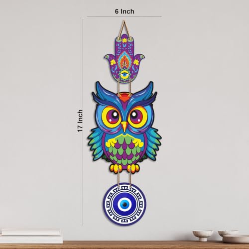 Image of Artvibes Multicolor Owl Evil Eye Wall Decor for Home Entrance | Nazar Battu MDF Decorative Hanging | Positive Energy Vastu Art for Living Room | Balcony | Office & Main Door | Gift Item (WH 8527N)