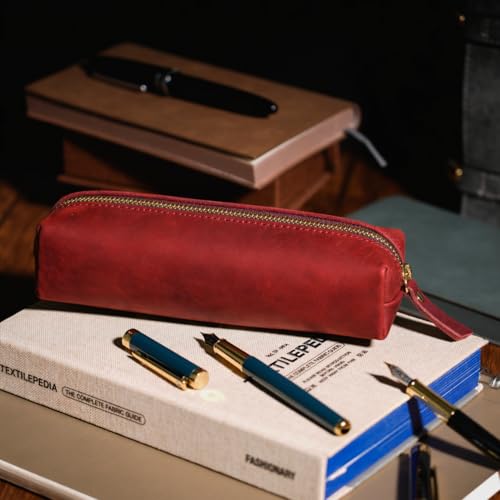 Image of ECHSRT Small Genuine Leather Pencil Pouch for Adults, Red | Crazy Horse Leather Finish, Compact Writing Instrument Storage
