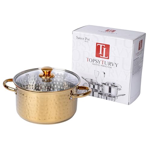Image of Zaib TOPSYTURVY Stainless Steel Hammered Gold PVD Coated Saucepot with Glass Lid 20 CM | Multipurpose Cooking Pot for Gas & Induction | Even Heat Distribution