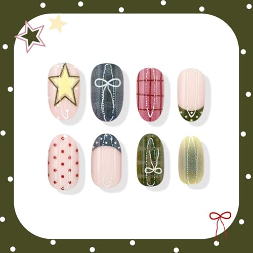 Image of Cottagecore Plaid Bow Press on Nails Medium Oval Fake Nails with Star Polka Dot Design Reusable Glossy Full Cover Stick on Nail for Women Manicure 24Pcs