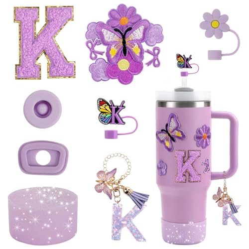 Stanley Cup Accessories Set Including Water Bottle Handle Strap Including Silicone Straw Cover and Boot Spill Proof Stopper Stanley Charms Handle Charm Initials Sticker (Purple)