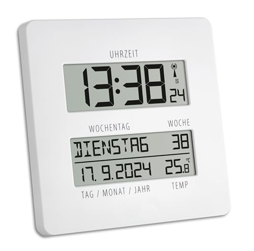 TFA Dostmann Digitale Wanduhr inkl Funkuhr Temperaturanzeige Timeline, 60.4509, Kalenderfunktion (Wochentag, Datum, Kalenderwoche), Tischuhr, 2 Uhrzeiten, Weckfunktion. Übersichtliches Display, weiß