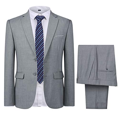 Men's 2-Piece Suits Slim Fit 2 Button Dress Suit Jacket Blazer & Pants Set Light Gray #TOP25