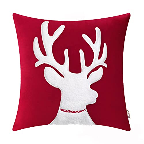 BRAWARM Reindeer Pillow Cover 20x20 Christmas Red Velvet Embroidered