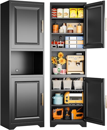 SISESOL 67' Tall Narrow Storage Cabinet with 2 Door and 7 Shelves,Slim Kitchen Pantry Cabinet,Black Metal Bathroom Cabinets,Large Cupboard for Home,Kitchen,Laundry,Bathroom