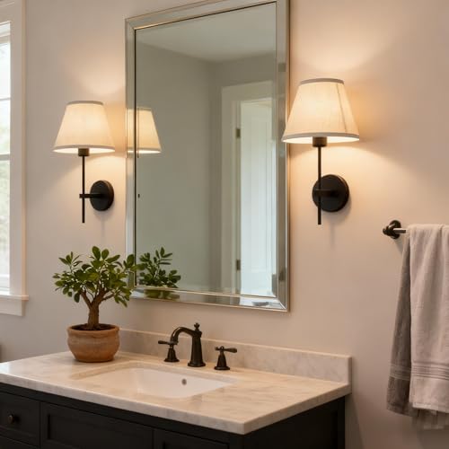 Image of Pathson Vintage Linen Wall Sconce Big Flared Fabric Lampshade, Hardwired Wall Vanity Light Fixture Upwards Install, Indoor Bedside Lamp Victorian Decor for Living Room, Stairwell, Fireplace, Foyer