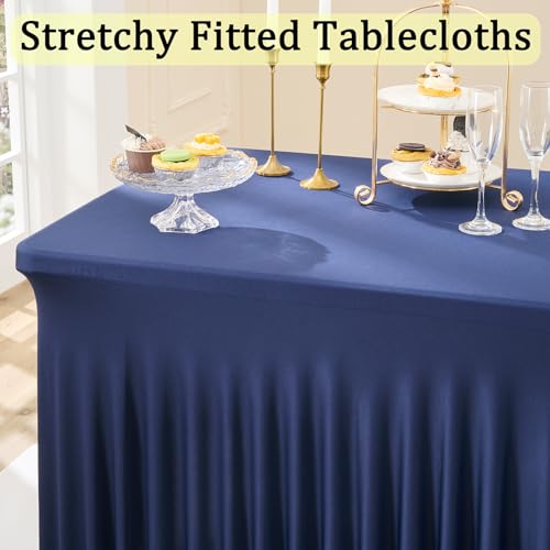 Image of 3 Packs Navy Blue Spandex Tablecloths for 8 Foot Rectangle Tables, Stretchy Fitted 8FT Blue Table Skirt for Wedding Party, Wrinkle Free Tablecloths for Banquet Wedding Birthday Party