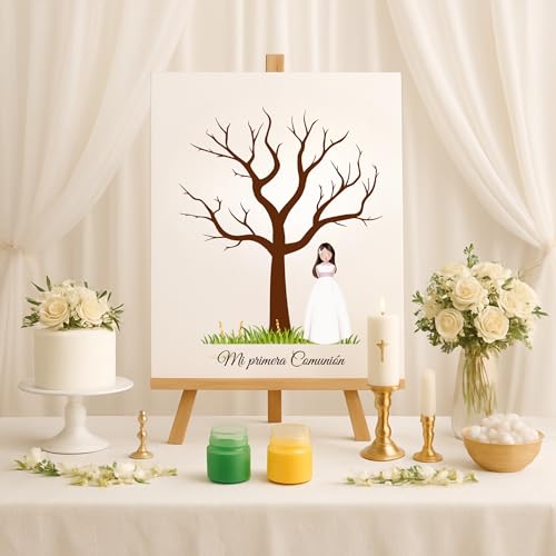 Eedama Decor Arbol de huellas comunión | lámina A3 diferentes modelos | Árbol huellas dactilar | Alternativa libro de firmas Primera Comunión | Pack con tintas incluidas (niña morena)