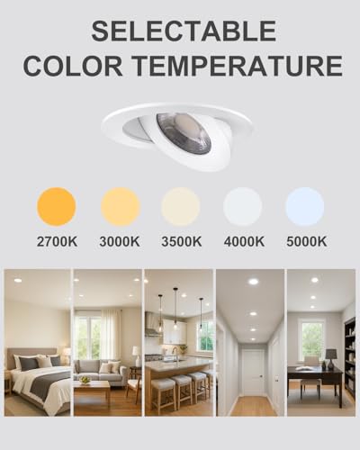 Image of POPANU 4inch Gimbal LED Recessed Light Recessed LED 4 inch White Swivel Gimbal Canless Light 360 Rotation 90 Tilt 4 inch 9W Eyeball Lighting Dimmable Adjustable Can Spotlights 5CCT White 4 inch 6 Pack