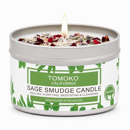TOMOKO White Sage Candle, Sage Leaf, Rose, Lavender, Himalayan Salt & Essential Oil